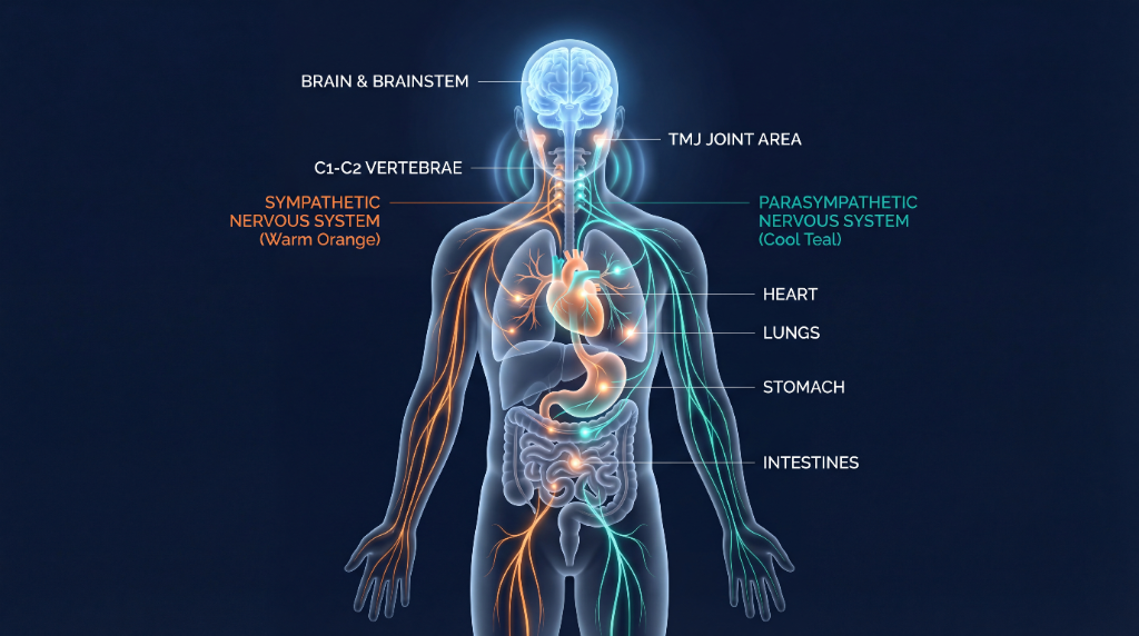 교감신경·부교감신경 시스템 — 뇌, C1-C2 경추, TMJ, 심장, 폐, 위장, 장